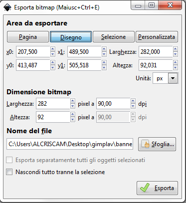 Il pannello Esporta bitmap in Inkscape