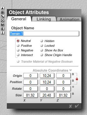 Il pannello Object Attributes in Bryce