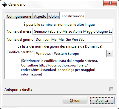 La scheda per la localizzazione del calendario in Inkscape