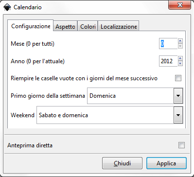 La scheda per la configurazione del calendario in Inkscape
