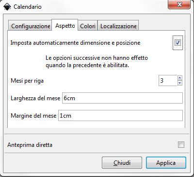 La scheda per le dimensioni del calendario in Inkscape