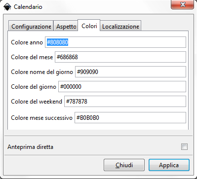 La scheda per i colori del calendario in Inkscape