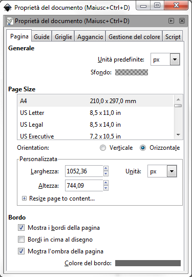 Le proprietà del documento in Inkscape