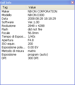 I dati EXIF visualizzati in Photoscape