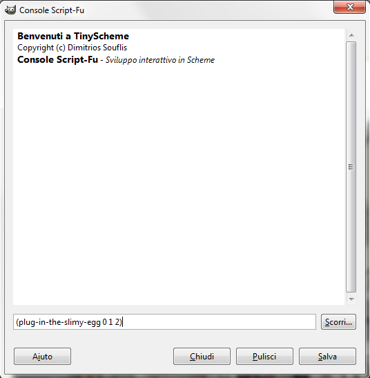 Il comando inserito nella Console degli script in Gimp