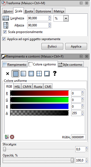 Il pannello delle trasformazioni e quello dei riempimenti in Inkscape