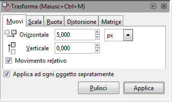 Il controllo per gli spostamenti in Inkscape