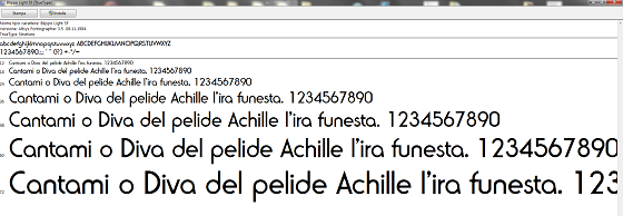 Il font visualizzato