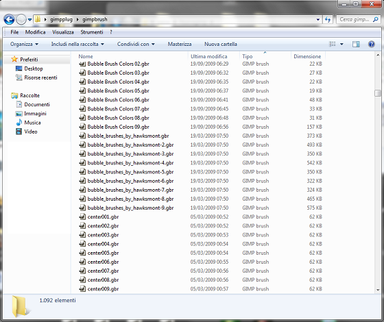 La cartella con i pennelli per Gimp