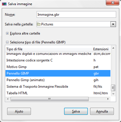 Il formato di salvataggio per i pennelli di Gimp