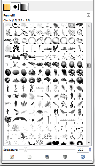 Il pannello di scelta dei brush in Gimp