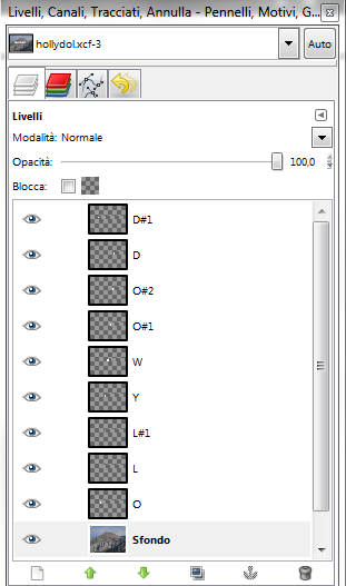 I livelli con le singole lettere in Gimp