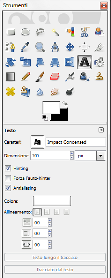 Le impostazioni dello strumento Testo in Gimp