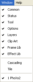Il menu Window in PhoXo
