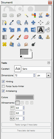 Il menu dello strumento Testo in Gimp