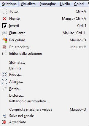 Il menu Seleziona in Gimp