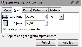 La scheda Scala del menu Trasforma in Inkscape