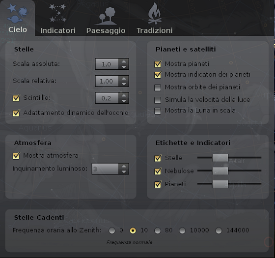 La scheda delle opzioni in Stellarium