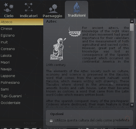 Il menu Tradizioni in Stellarium