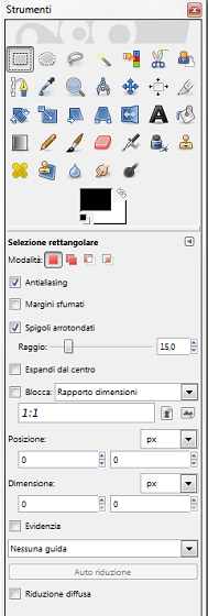 Lo strumento Selezione Rettangolare e le sue impostazioni in Gimp