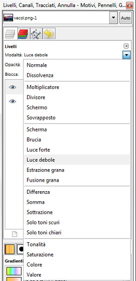 La scelta delle Modalità di livello in Gimp