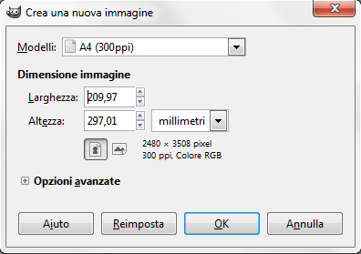 Le impostazioni del nuovo documento in Gimp