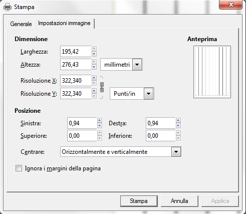 Il pannello di controllo della stampa in Gimp