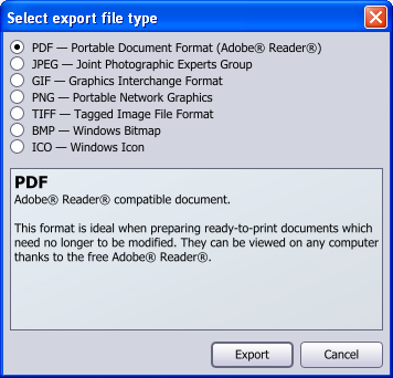 Il pannello per l'esportazione dei file in Creative Docs