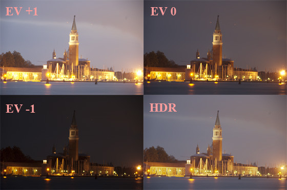 Il file HDR a confronto con le tre immagini di partenza