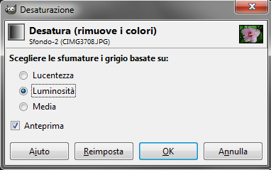 Il pannello di controllo del comando Desaturazione in Gimp