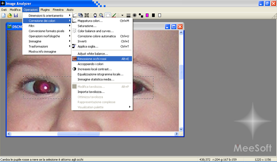 Il comando per la correzione degli occhi rossi in Image Analyzer