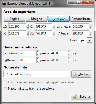 Il pannello Esporta bitmap in Inkscape