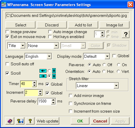 Le opzioni di scrensaver in WPanorama