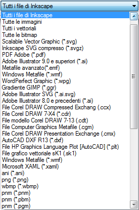l menu dei file grafici riconosciuti da Inkscape